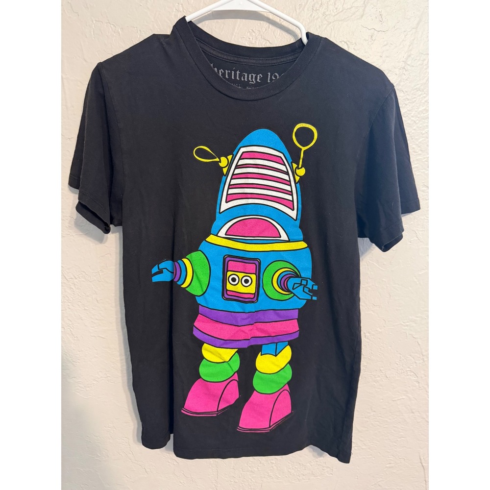 Heritage 1981 Mens Retro Robot Graphic Tee Black Cotton T-Shirt Small TK0030F